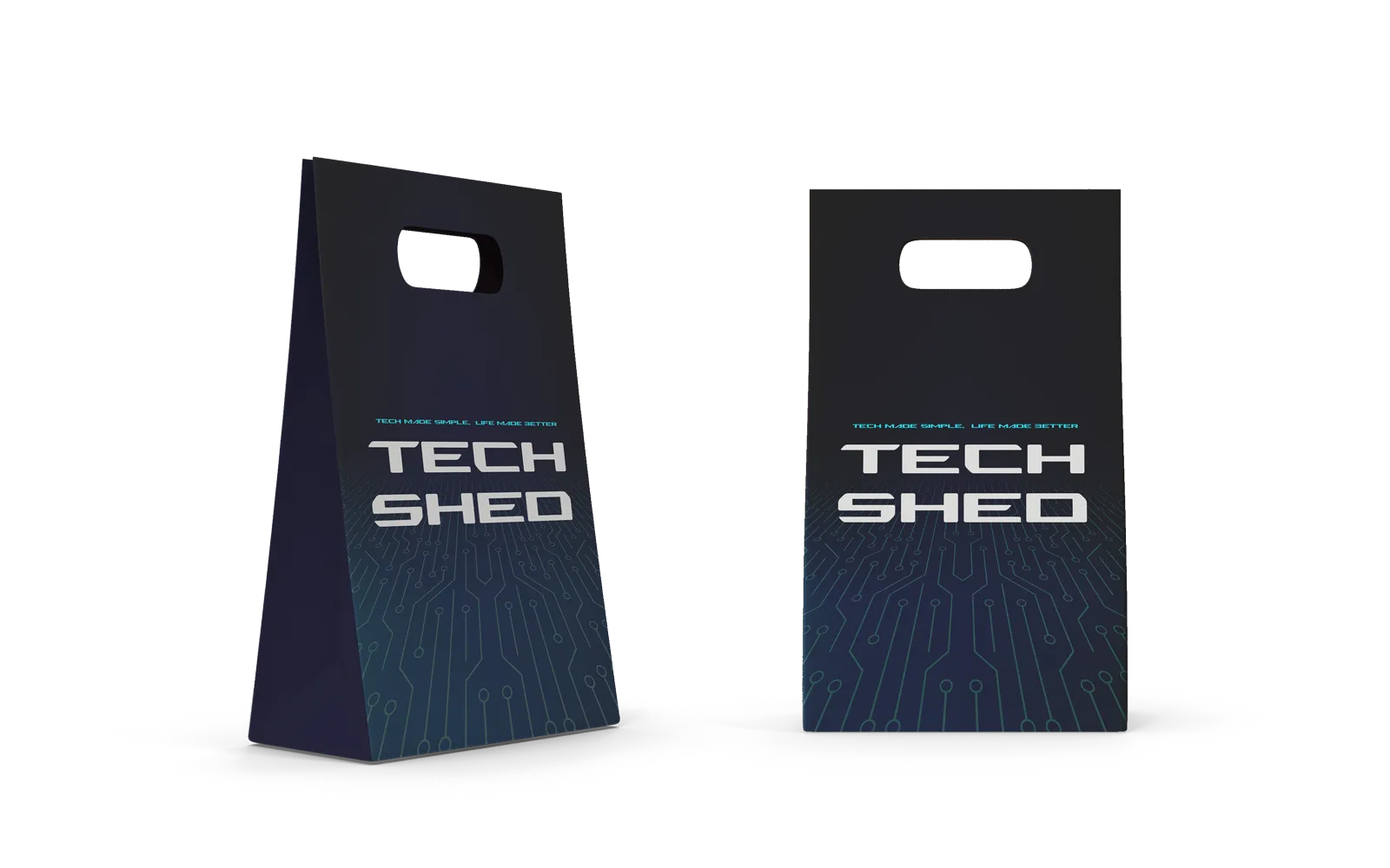 Two black 'Tech Shed' packages on a white background
