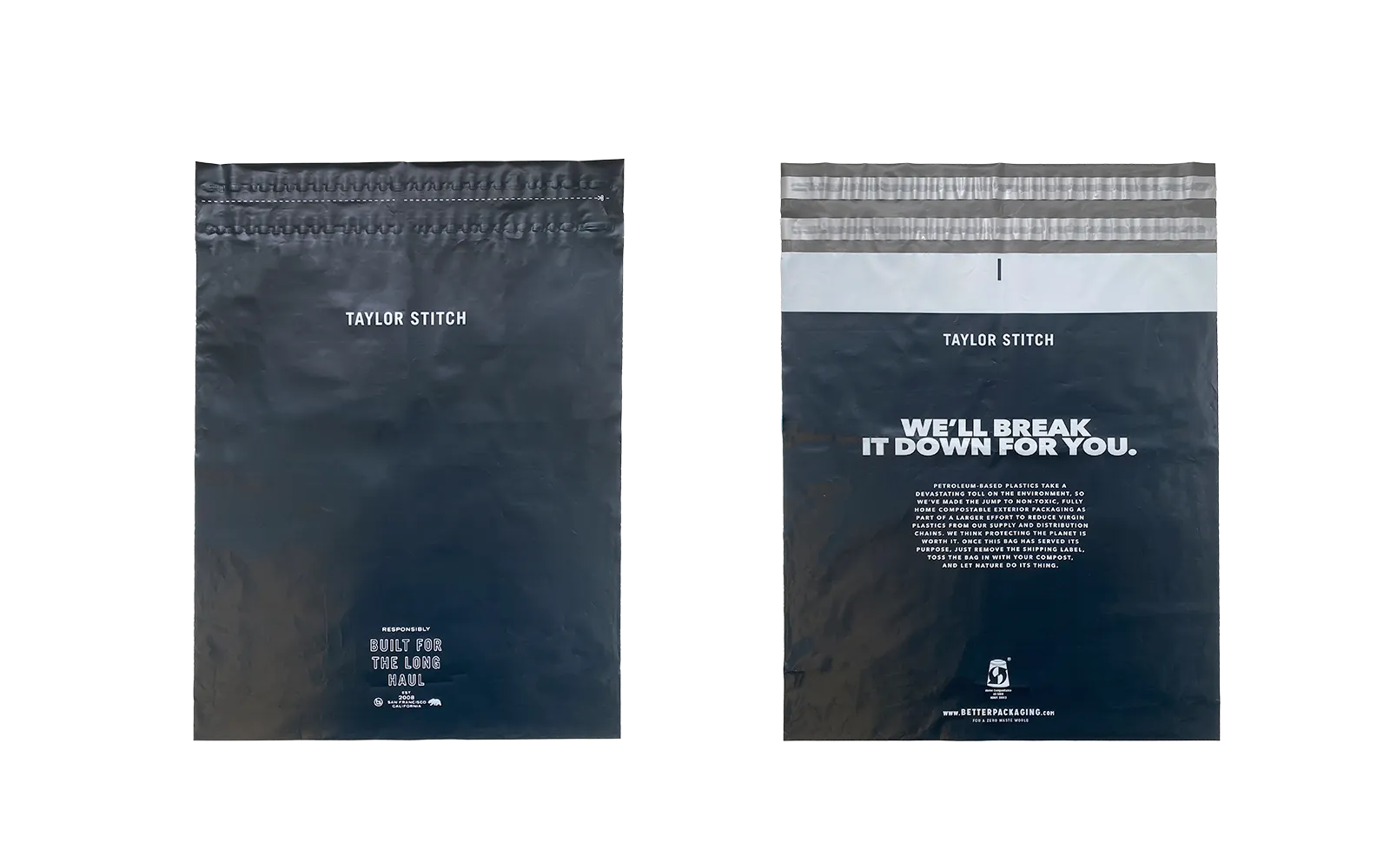 Two Taylor Stitch packaging bags with text on a white background