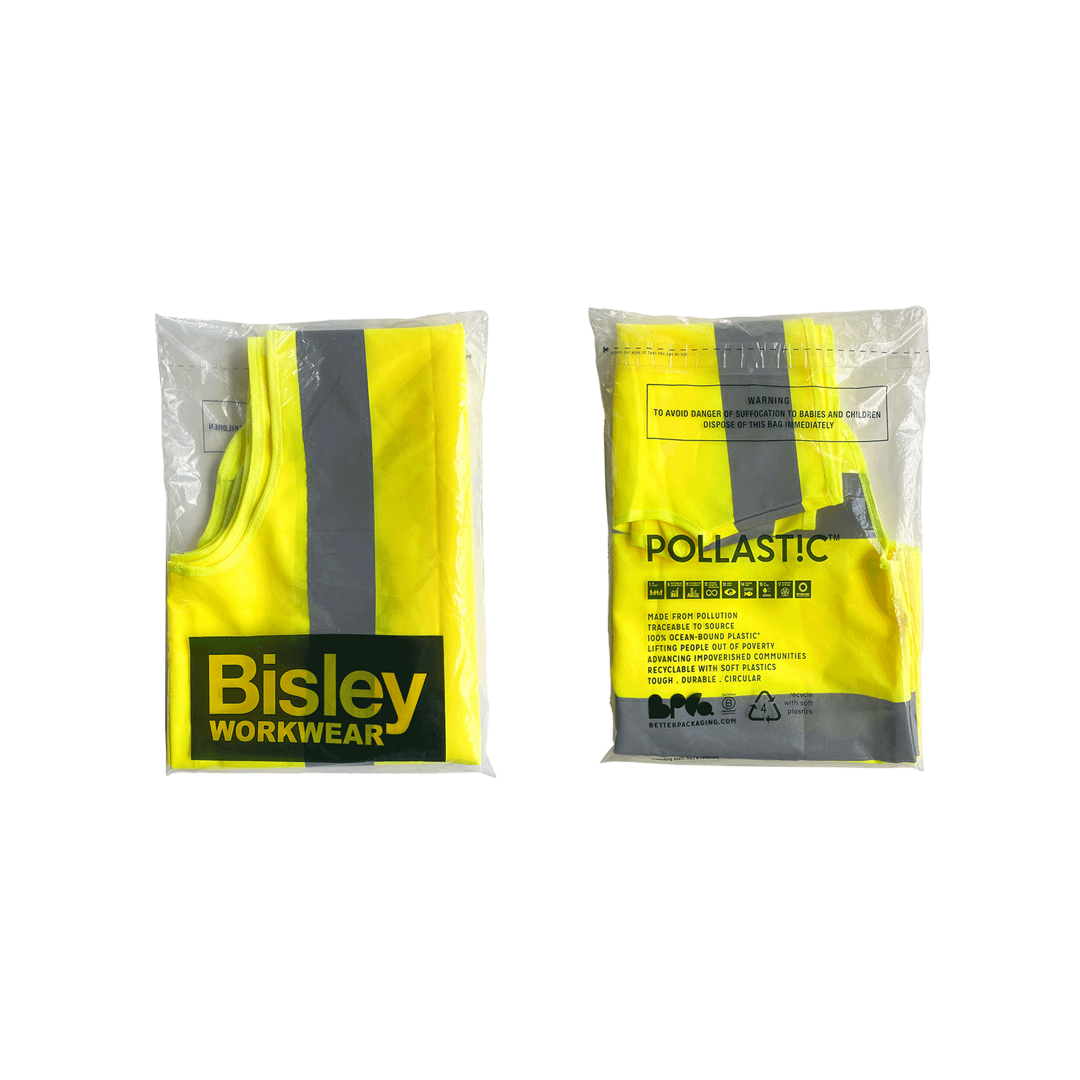 Clear cut of Bisley custom POLLAST!C Poly Garment bags with high vis vest 