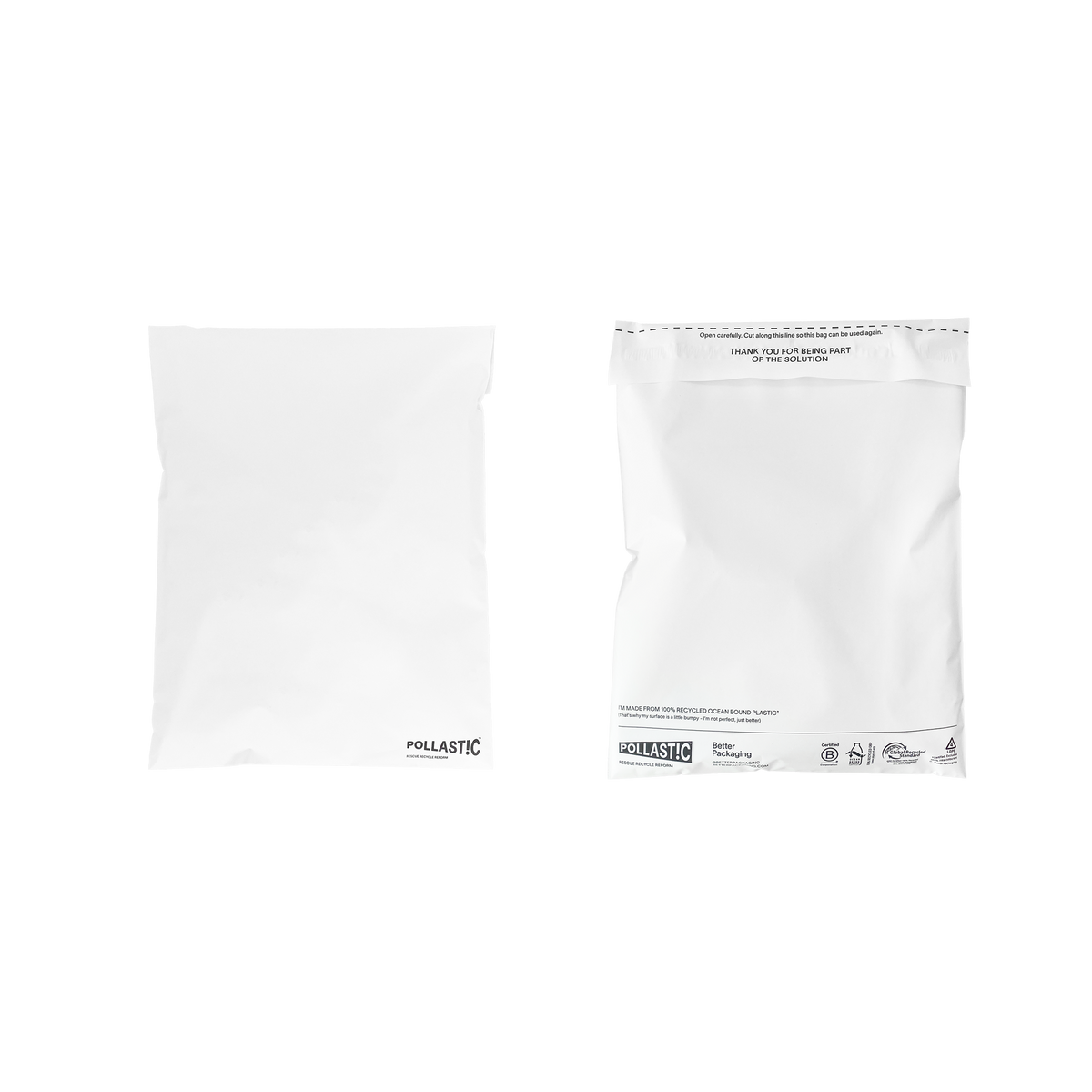 White poly mailer with Pollastic branding on a white background