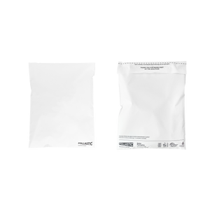 White poly mailer with Pollastic branding on a white background