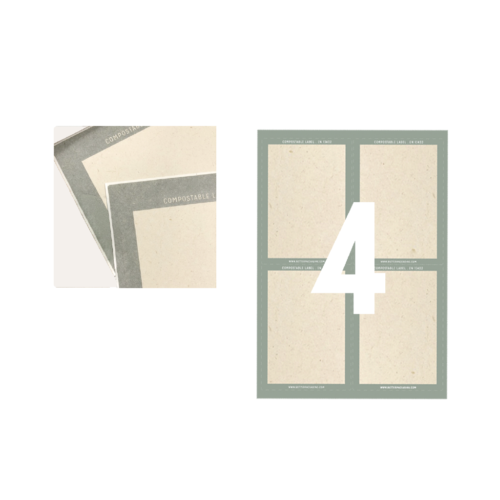 Better Packaging A4 sized compostable labels, 4 rectangular labels per sheet. On a transparent background