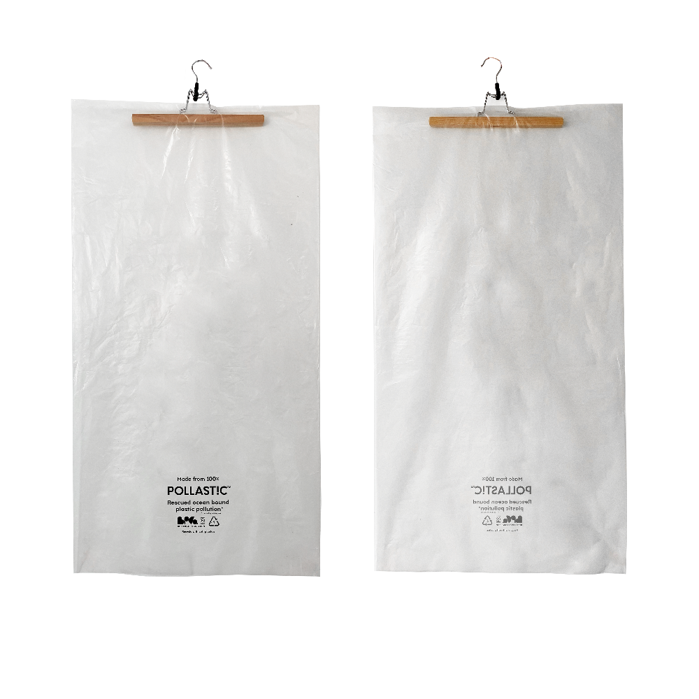 A Better Packaging POLLAST!C hanging garment bag with a coathanger threaded through the top on a transparent background.