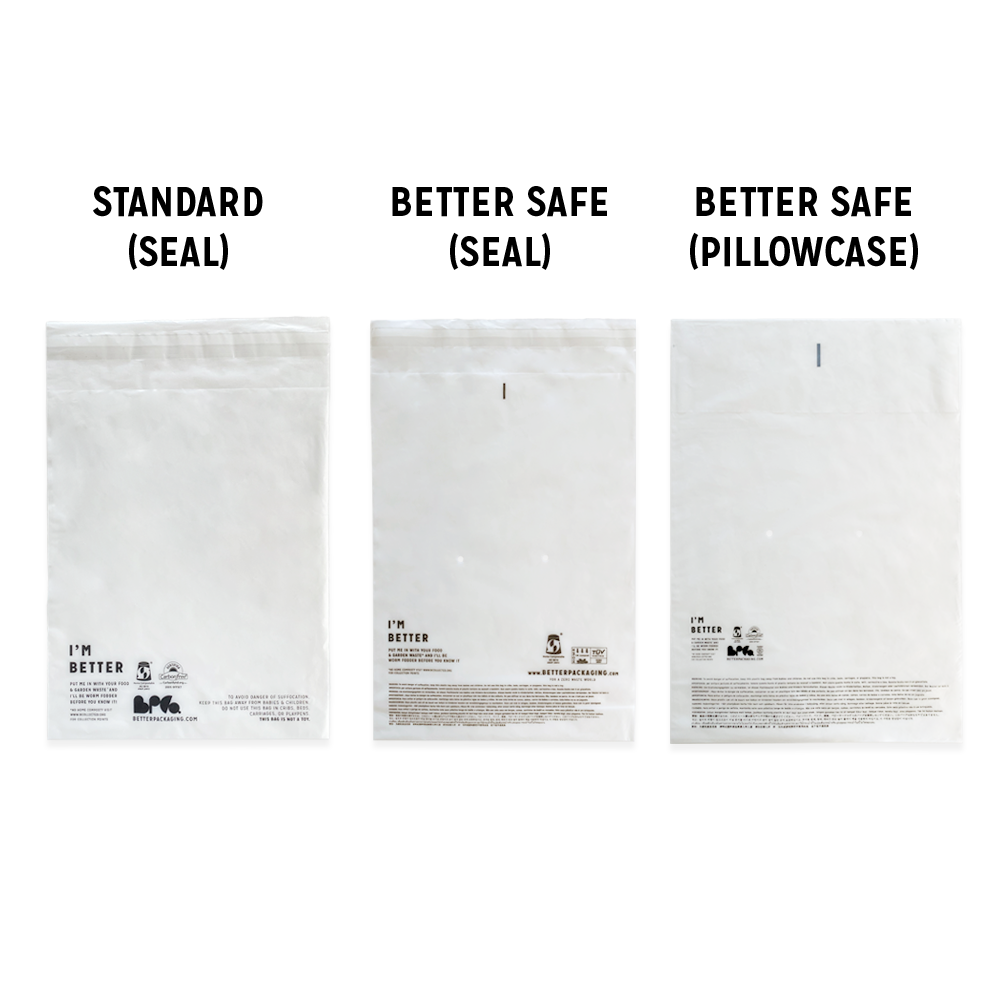 Diagram comparing three Better Packaging compostable poly garment bag with different seals and safety messaging