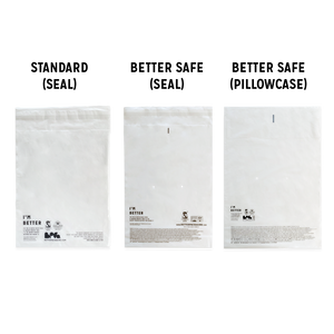 Diagram comparing three Better Packaging compostable poly garment bag with different seals and safety messaging