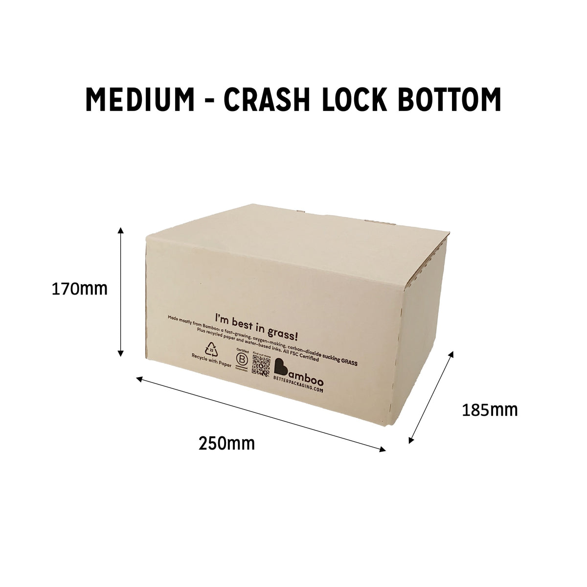 Medium Bamboo Box with dimensions. Height 170mm, width 250mm, depth 185mm