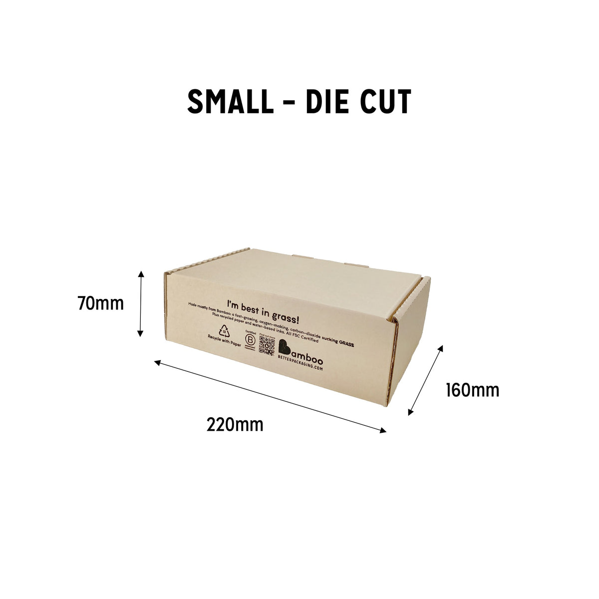 Small Bamboo Box with dimensions. Height 70mm, width 220mm, depth 160mm