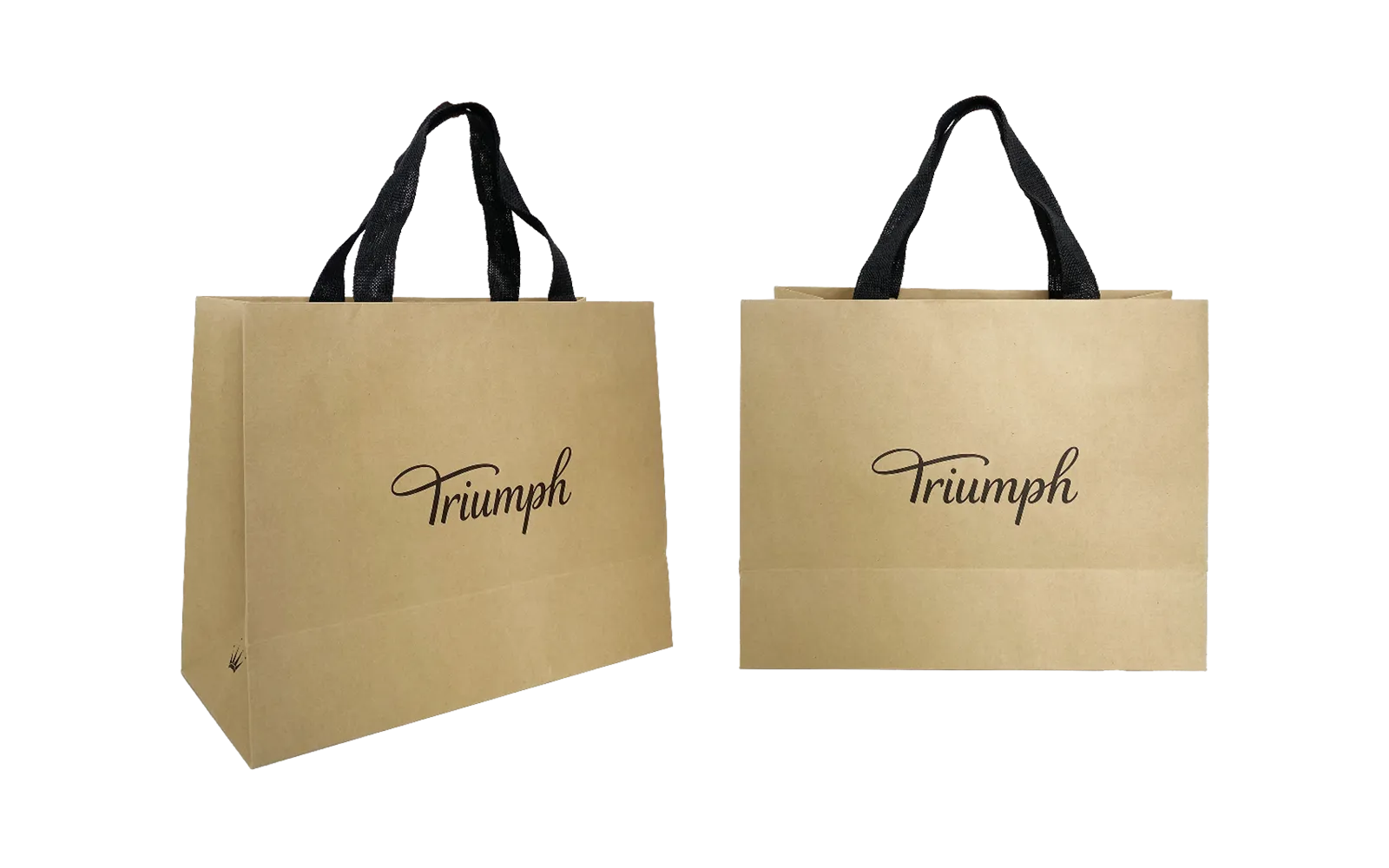 Two brown paper bags with 'Triumph' printed on them against a white background