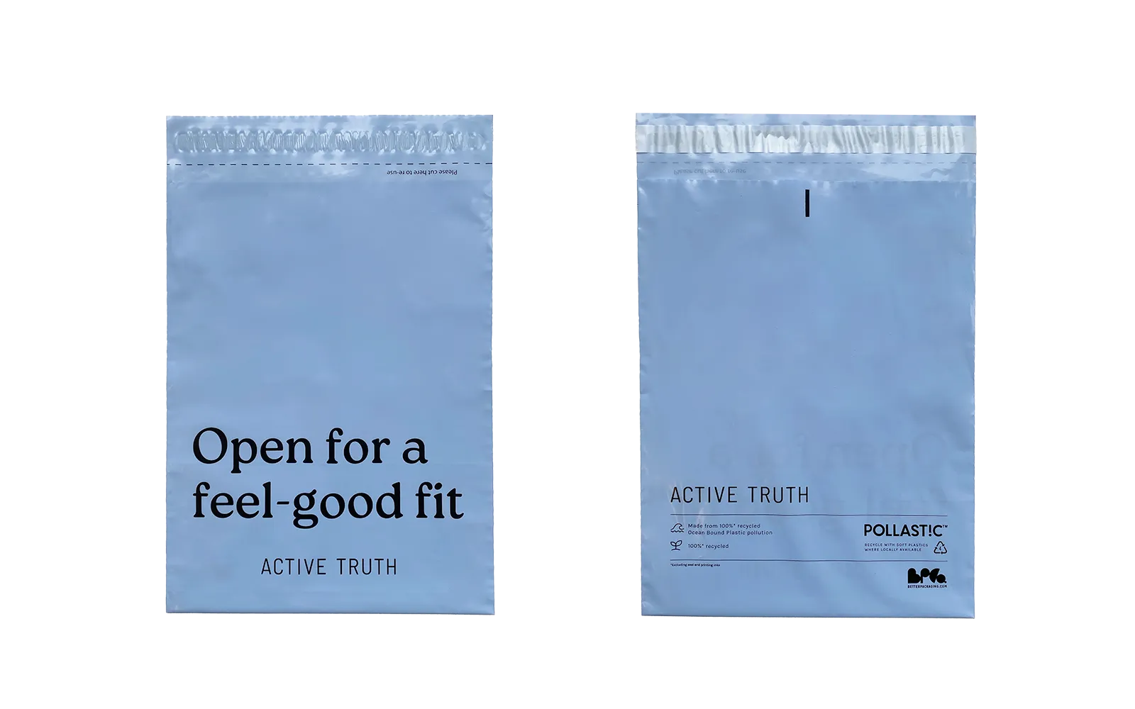 Two blue packages with text on a white background