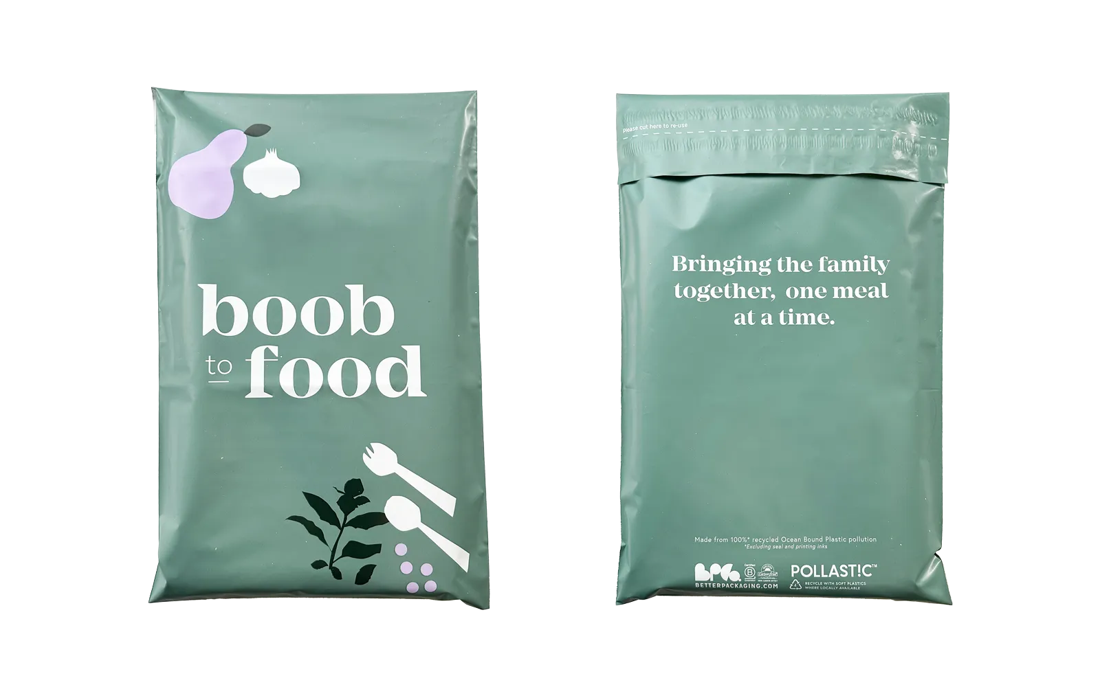 Two green packages with branding and text on a white background