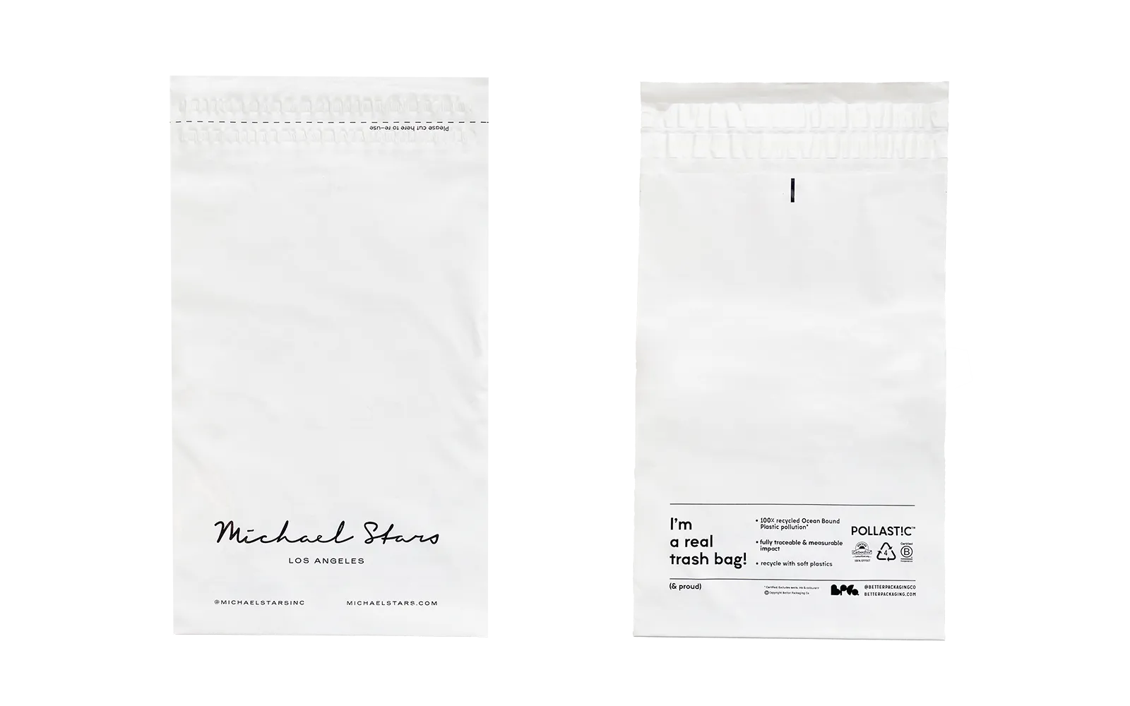 Two white trash bags with text and branding on a white background