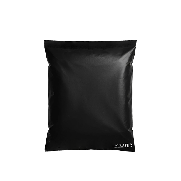 Black poly mailer with Pollast!c branding on a white background