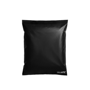 Black poly mailer with Pollast!c branding on a white background