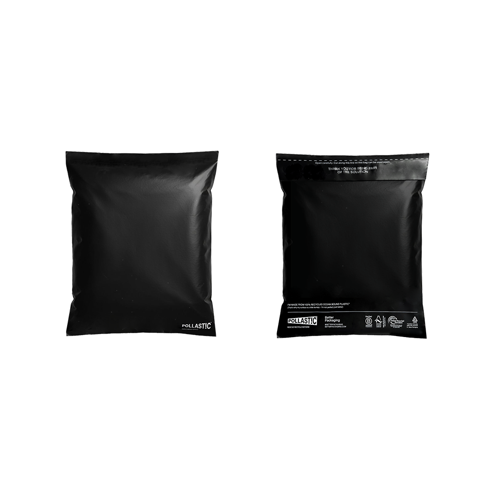 Two black poly mailers with Pollast!c branding on a white background