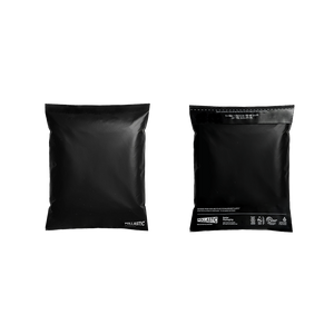 Two black poly mailers with Pollast!c branding on a white background