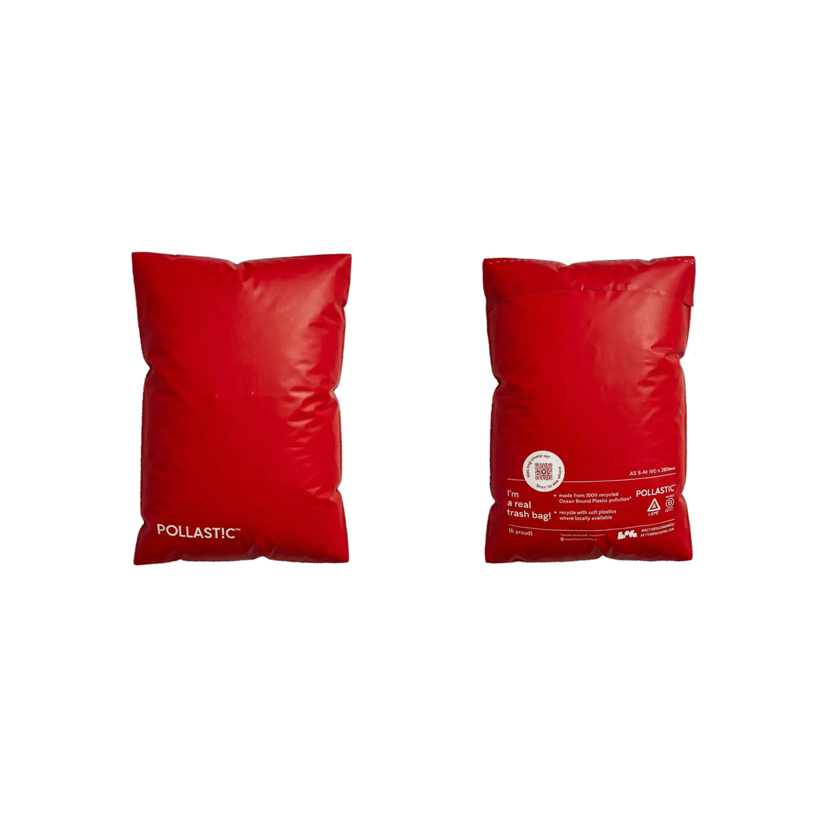 Two red bags with Pollast!c branding on a white background