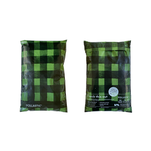 Front and back of green plaid printed Better Pacakging POLLAST!C mailers on a transparent background