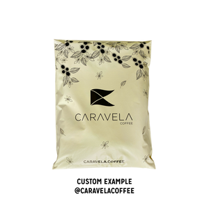Caravela branded custom Better Packaging POLLAST!C cream mailer on a transparent background