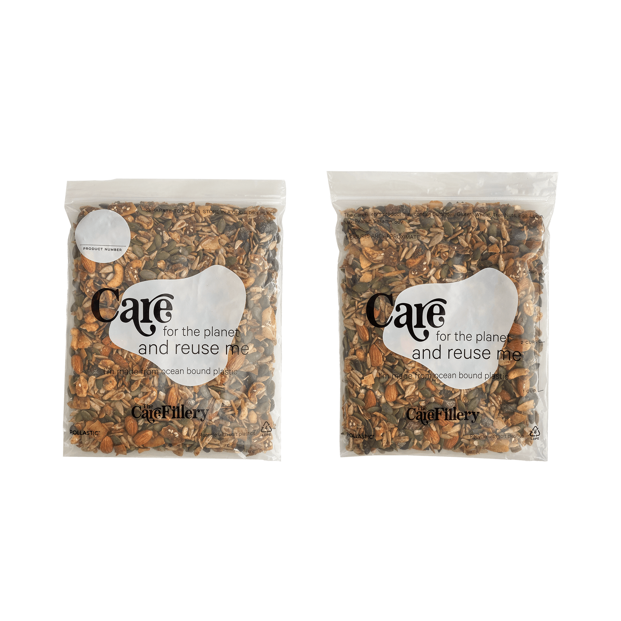 The Care Fillary custom branded Better Packaging POLLAST!C zip lock bags containing nuts on a transparent background