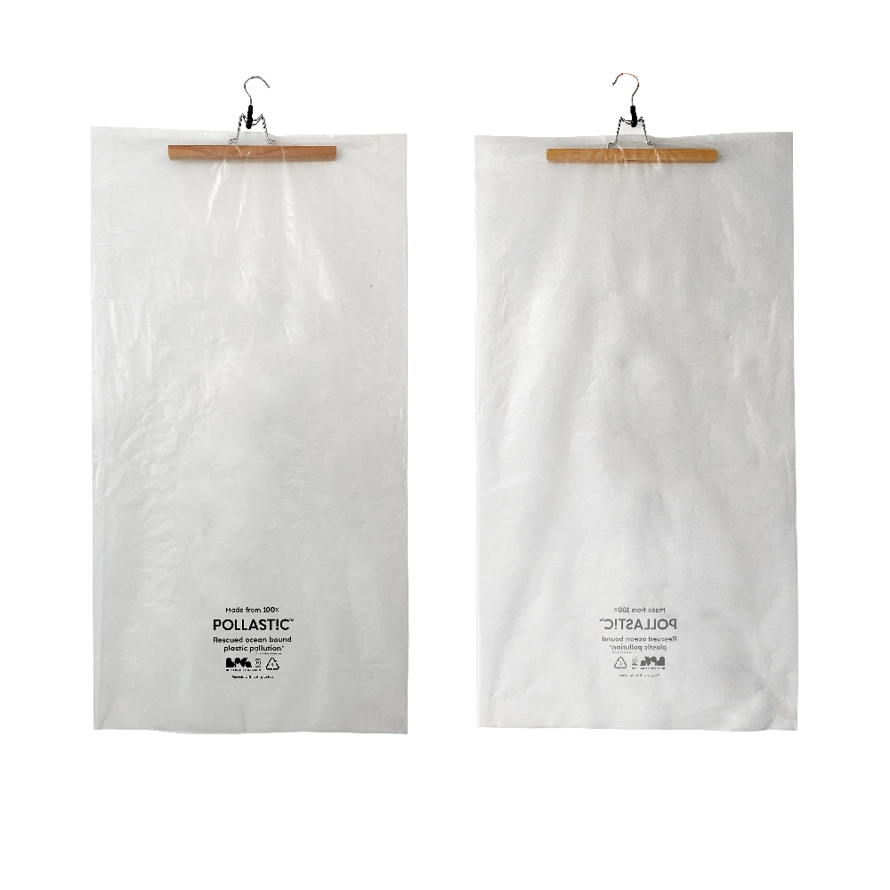A Better Packaging POLLAST!C hanging garment bag with a coathanger threaded through the top on a transparent background. 