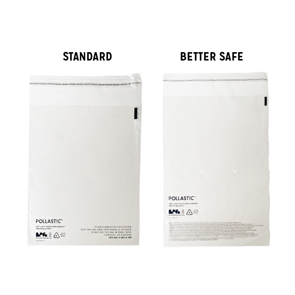 Diagram comparing Better Packaging Standard and Better Safe POLLAST!C poly garment bags