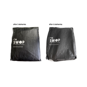 Comparison of black reusable Better Packaging mailing SWOP satchel after 3 months and 12 months of use