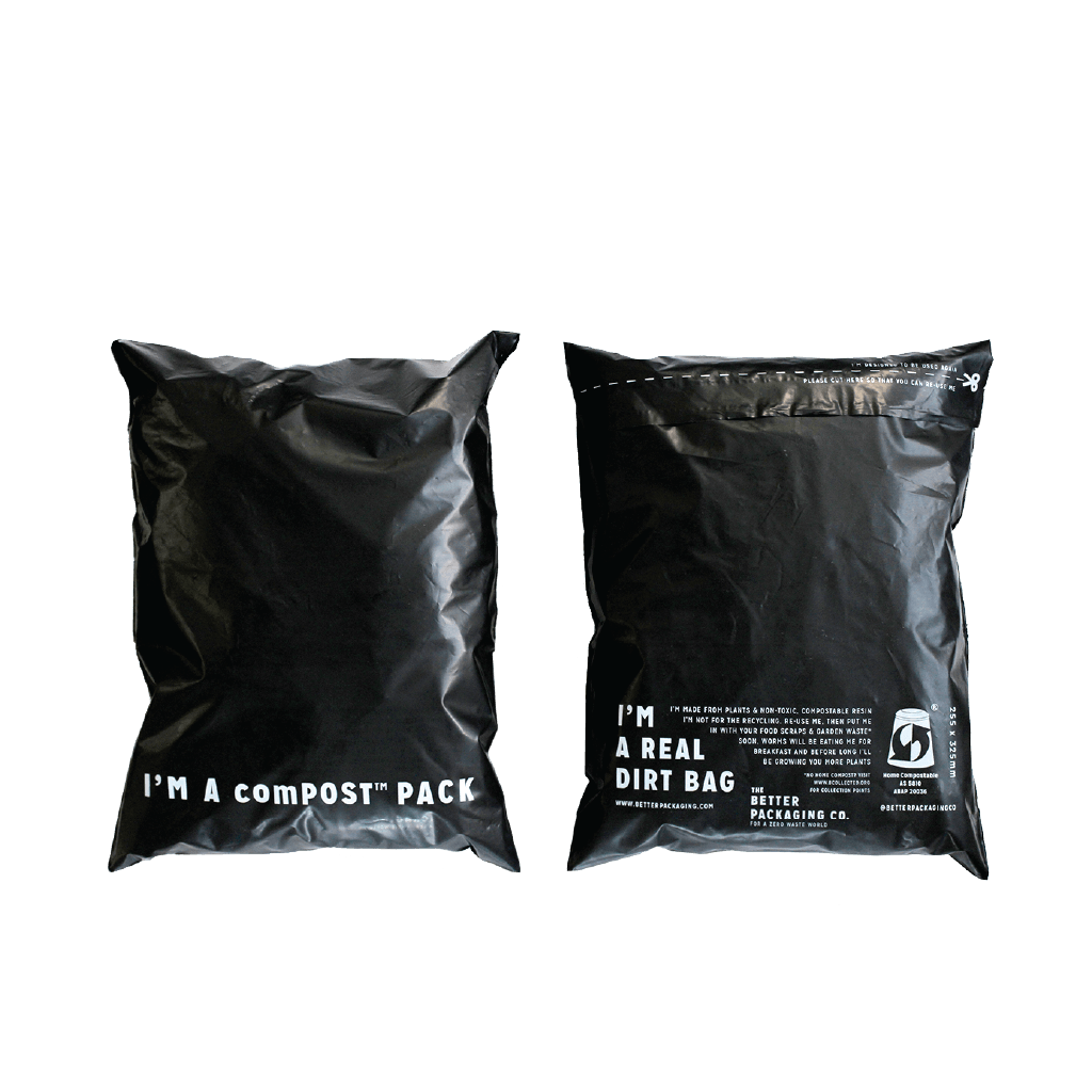 Front and back of black Better Packaging compostable mailers on a transparent background