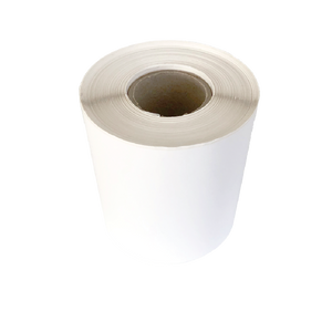 A roll of Better Packaging white compostable thermal shipping label on a transparent background